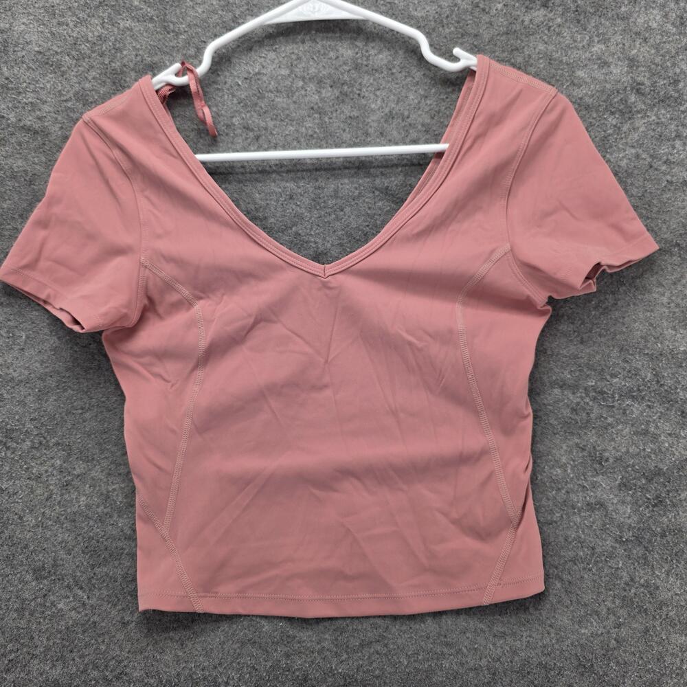 Lululemon Shirt Womens XS Pink Cropped V Neck Short Sleeve Athletic Yoga Gym